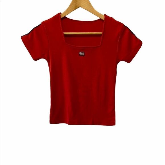 USA Red Cotton Cropped Stretch Square Neck Tee S - Picture 1 of 7